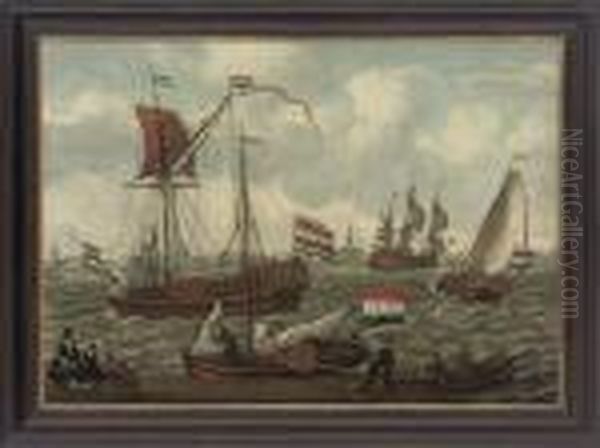 A Dutch Man-o'war Signalling Its Departure With Other Shipping Inchoppy Seas Oil Painting by Abraham Storck