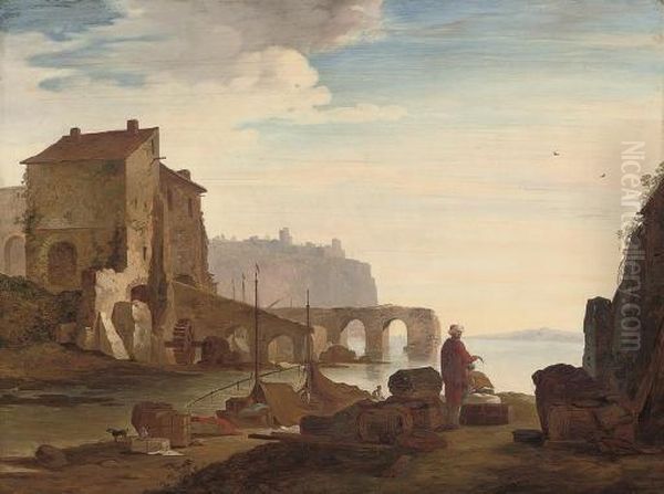 A Mediterranean Harbour With Elegant Figures By A Quay, A Village Beyond Oil Painting by Abraham Storck