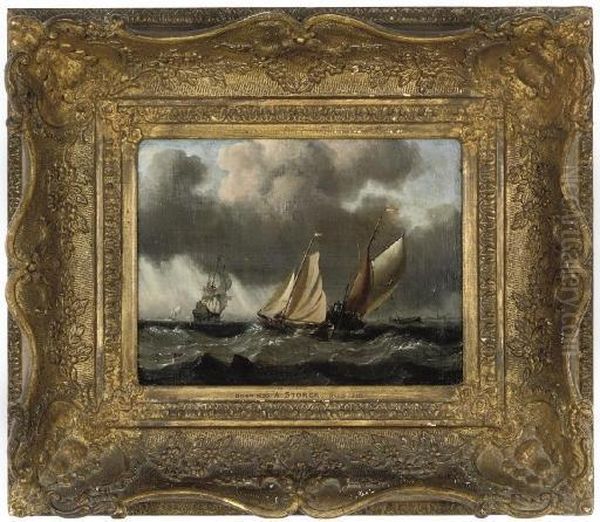 Fishing Boats In A Swell, A Dutch Man O'war Beyond Oil Painting by Abraham Storck