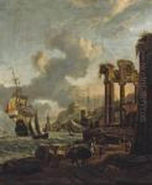 A 'capriccio' View Of A 
Mediterranean Harbour With A Man O' War Bearing The Coat-of-arms Of 
Amsterdam by Abraham Storck