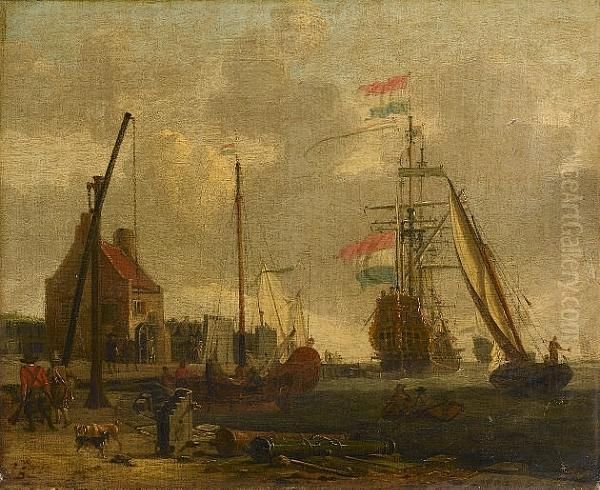 A Dutch Man O'war And Other 
Vessels Off A Fortified Harbour With Canon And Soldiers On The Quayside 
In The Foreground Oil Painting by Abraham Storck