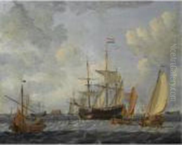 A Dutch Merchant Ship And Other Shipping In Choppy Waters, In Front Of A Dutch Coast Oil Painting by Abraham Storck