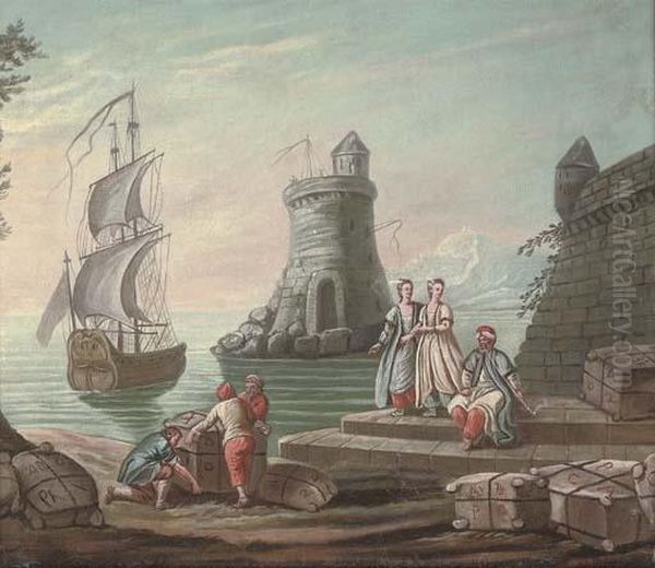 A Mediterranean Harbour With 
Elegant Figures And Fishermen By The Quay, A Ship And A Lighthouse 
Beyond Oil Painting by Abraham Storck