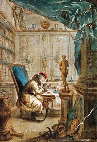 A Monkey studying at a desk in a library Oil Painting by French School