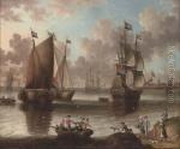 A Dutch Warship And Fishing Vessels In A Calm Oil Painting by Abraham Storck