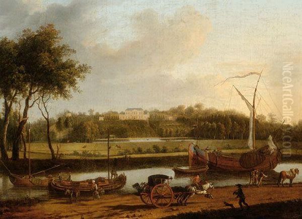 A View Of People Along A Canal With A Country Manor In The Background Oil Painting by Abraham Storck