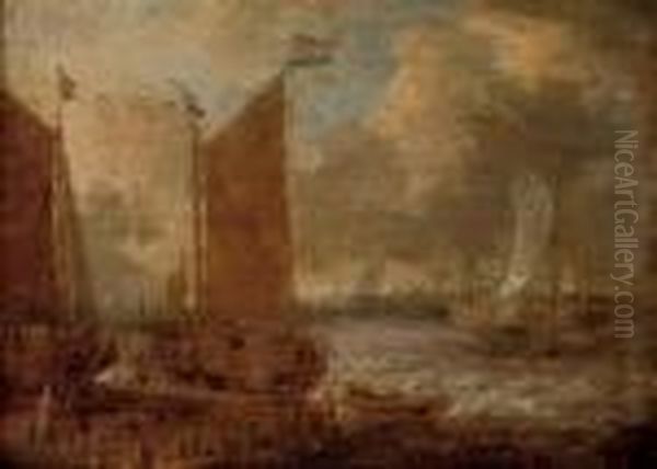 A Harbour Scene With Shipping And Steverdores On The Quay Oil Painting by Abraham Storck