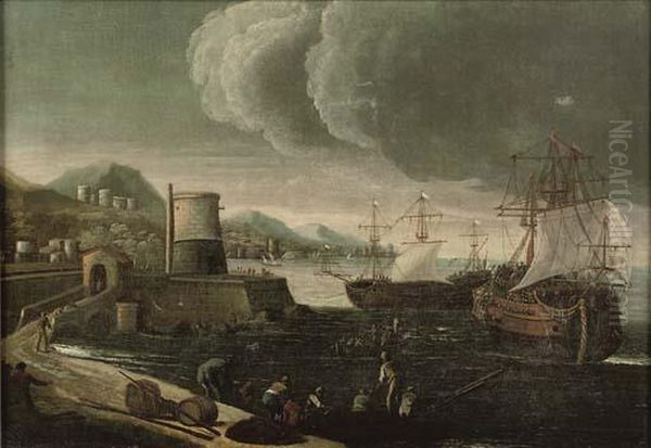 A Mediterranean Harbour With Stevedores On The Quay Oil Painting by Abraham Storck