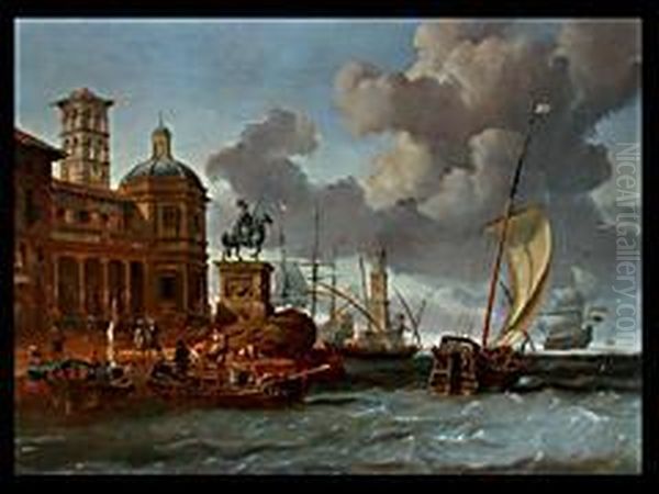 Mittelmeerhafen Mit Palast Und Reiterstandbild Oil Painting by Abraham Storck