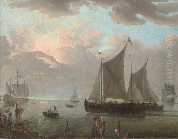 A Coastal Inlet With Shipping And Figures At The Shore Oil Painting by Abraham Storck