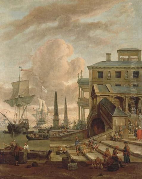 A Capriccio Of A Mediterranean Harbour With Stevedores Oil Painting by Abraham Storck