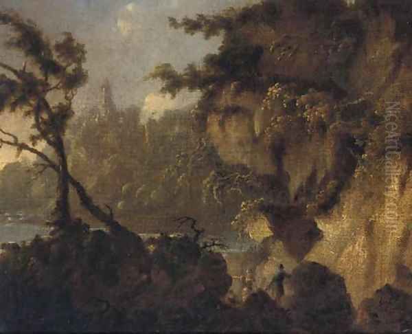 A mountainous landscape with two soldiers Oil Painting by French School