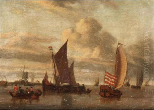 Estuary Scene With Dutch Shipping In The Foreground, A Town Beyond Oil Painting by Abraham Storck