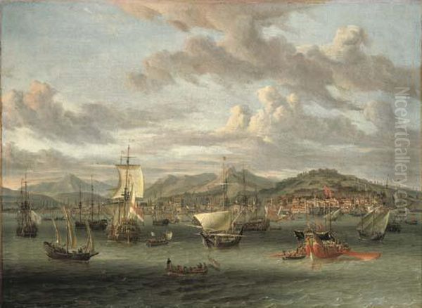 Dutch Shipping Off The Bay Of Smyrna With A State Barge Oil Painting by Abraham Storck