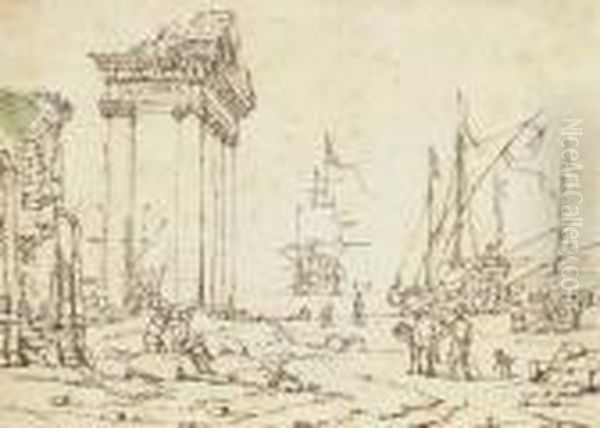 Figures Among Classical Ruins, Ships In A Port Seen Beyond Oil Painting by Abraham Storck