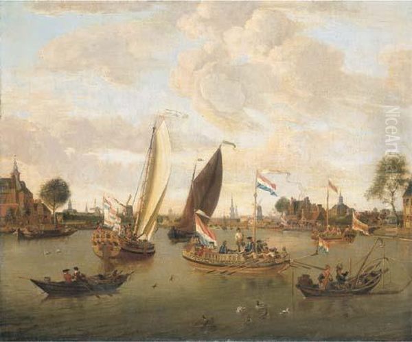 A View Of Amsterdam With The 
Trekschuit And Smalschips On The Riverbuiten-amstel Near The Hooge Sluis
 With Elegant Figures, Carriagesand Townsfolk Along The Bank, The Towers
 Of The Zuiderkerk And Theoude Kerk Beyond Oil Painting by Abraham Storck