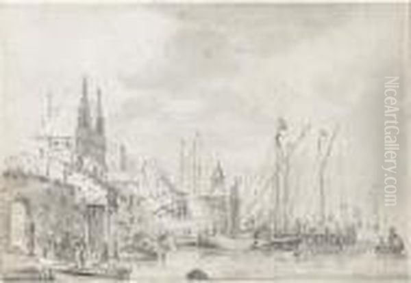 A Busy Harbour With Figure Loading A Small Boat Oil Painting by Abraham Storck