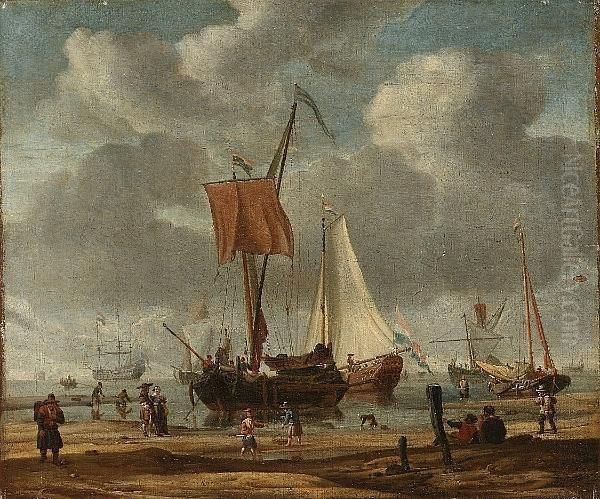 A Coastal Landscape With Pinks, A
 State Barge And A Man O'war In A Calm, With Elegant Figures And 
Fishermen On The Shore Oil Painting by Abraham Storck