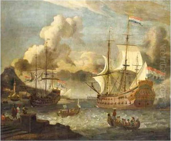 A Mediterranean Port Scene With Two Dutch Vessels At Anchor Oil Painting by Abraham Storck