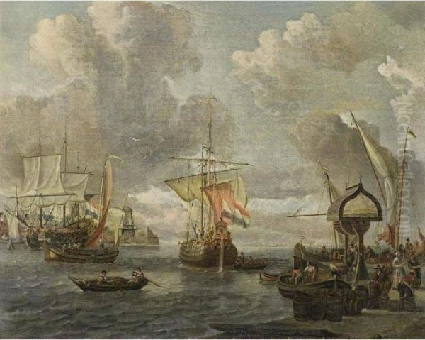 A View Of A Dutch Harbour On The
 Zuiderzee With A Buis, A Merchantman And Other Boats, Together With 
Merchants Unloading Their Goods Oil Painting by Abraham Storck