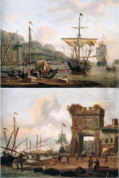 A Mediterranean Port Scene With Figures Unloading Their Boat, Other Vessels Beyond Oil Painting by Abraham Storck