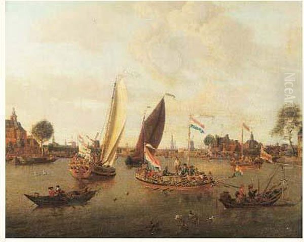 Bateaux Officiels Sur L'amstel Pres De Hoogesluis Oil Painting by Abraham Storck