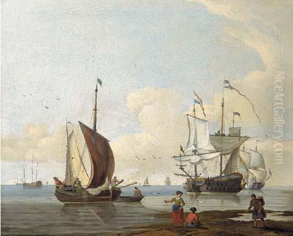 Dutch Men'o-war And Other Shipping In Calm Seas, Figures On A Beach In The Foreground Oil Painting by Abraham Storck