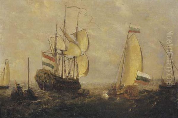 A Boeier, Dutch Man-o-war And A Bezan Yacht Oil Painting by Abraham Storck