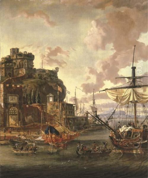 A Capriccio Of A Mediterranean Port With With Men-o'-war And Figures In Rowing Boats Oil Painting by Abraham Storck