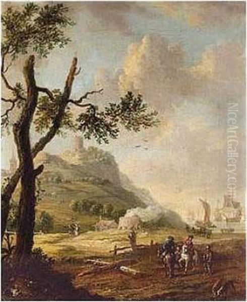 Coastal Landscape With Riders Conversing With A Traveller, Dutch Shipping Beyond Oil Painting by Abraham Storck