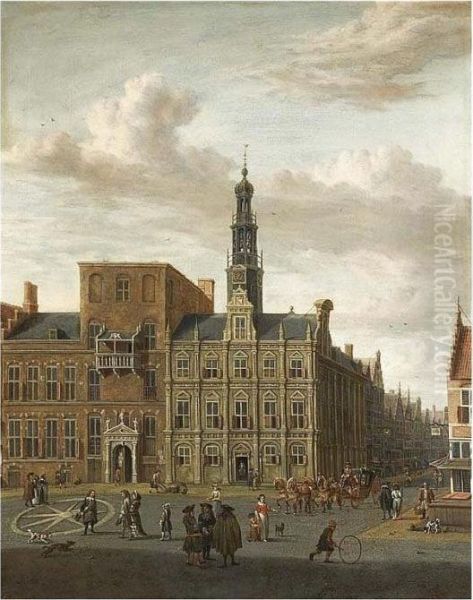 Utrecht: A View Of The City Hall On The Oude Gracht Oil Painting by Abraham Storck