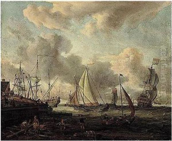 Dutch Men-o'-war And Fishing Boats In An Estuary Oil Painting by Abraham Storck