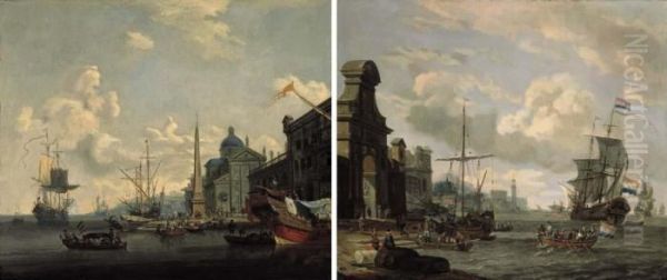 Capricci Of Mediterranean Harbours With Shipping And Merchants On Quays By Obelisks Oil Painting by Abraham Storck