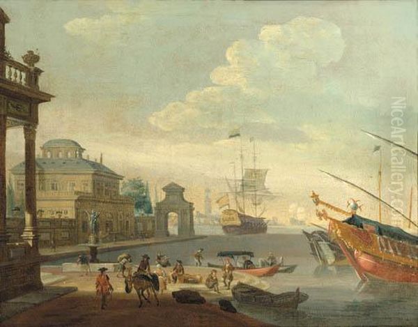 A Capriccio Of A Mediterranean Harbour With Galleys And A Merchantman Oil Painting by Abraham Storck