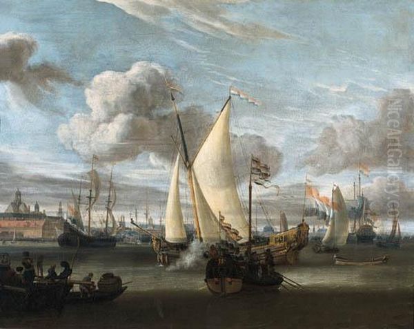 Shipping In The Harbour Of 
Amsterdam With A Dutch East India Company Yacht And A State Barge In The
 Foreground Oil Painting by Abraham Storck