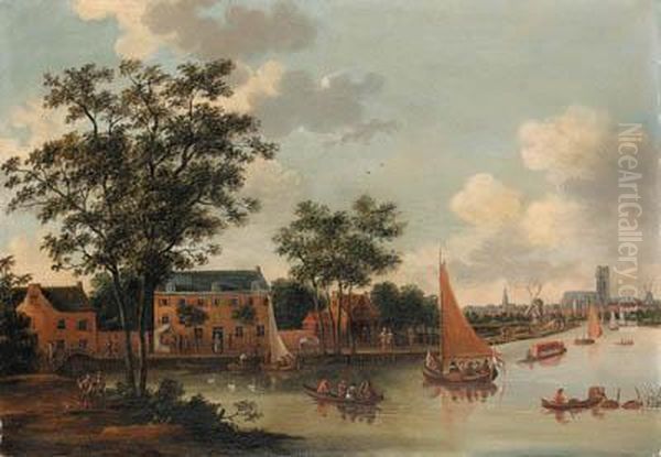 View Of The River Rotte, With Burghers And Peasants, Boats On Thecanal, Rotterdam Beyond Oil Painting by Abraham Storck