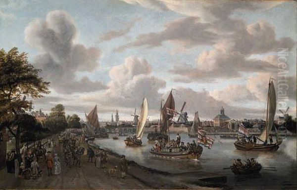 A View Of Amsterdam With A 
Trekschuit And Smalschepen On The Riverbuiten-amstel Near The Hooge 
Sluis, With Elegant Figures, Carriagesand Townsfolk Promenading Along 
The Bank, The Towers Of Thezuiderkerk And The Oude Kerk, The Windmills 
Groen, De B Oil Painting by Abraham Storck