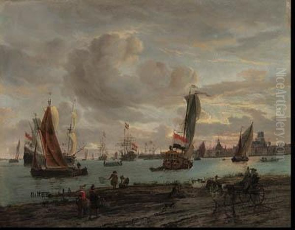 Shipping Off Rotterdam With Fisherfolk And An Elegant Couple In Atrap On A Rutted Track Oil Painting by Abraham Storck