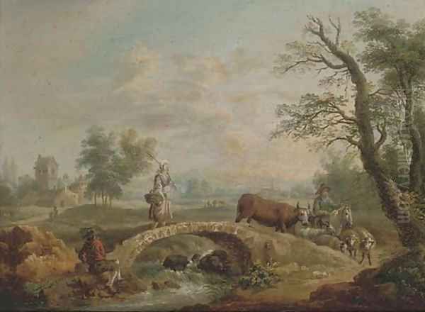 A river landscape with a shepherd and shepherdess crossing a bridge Oil Painting by French School