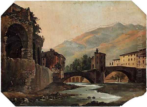 A view of Bagni di Lucca and A road through a gorge with ruins on a mountain beyond Oil Painting by French School