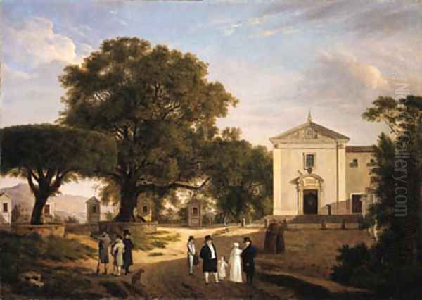 A view of the town square of Albano with monks walking before a Franciscan church 2 Oil Painting by French School