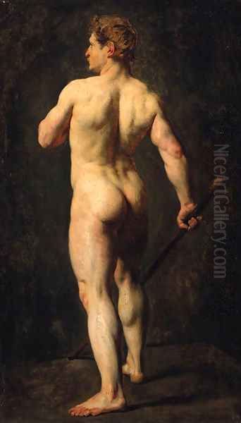 An Academy Study, Standing Full-Length, Holding A Staff, Seen From Behind Oil Painting by French School