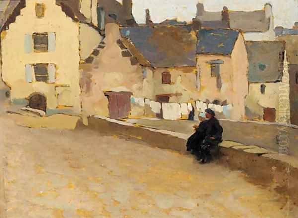 An elderly couple sitting at the side of a village street Oil Painting by French School