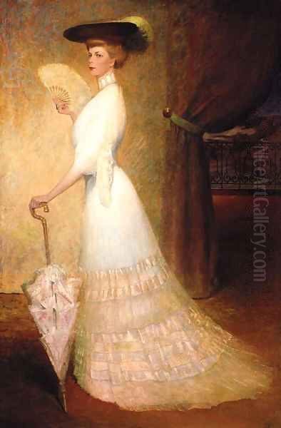 An Elegant Lady In A White Dress With A Parasol And A Fan Oil Painting by French School