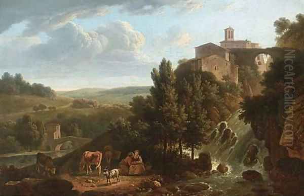 An Italianate river landscape with a village on a cliff and two shepherdesses by a waterfall Oil Painting by French School