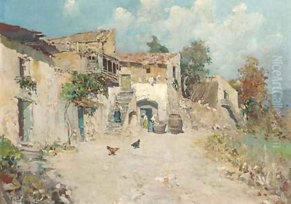 Figures in a sunlit farmyard Oil Painting by French School