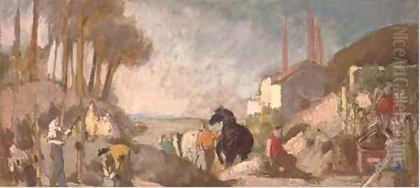 Figures working in an industrial landscape Oil Painting by French School