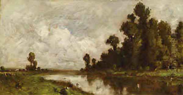 Lush Landscape Surrounding a Lake Oil Painting by French School