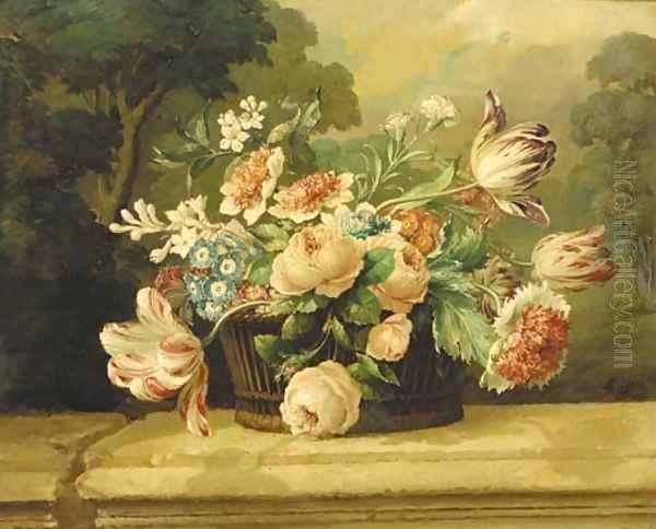 Mixed flowers in a basket on a stone ledge Oil Painting by French School