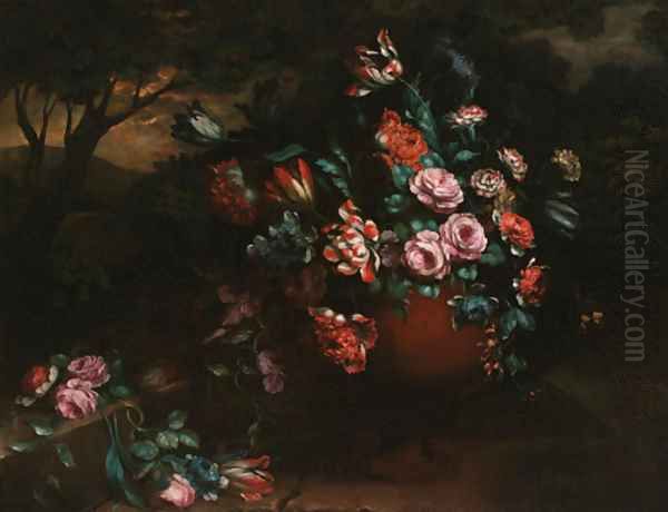 Parrot tulips, roses and carnations in an urn before a wooded landscape Oil Painting by French School